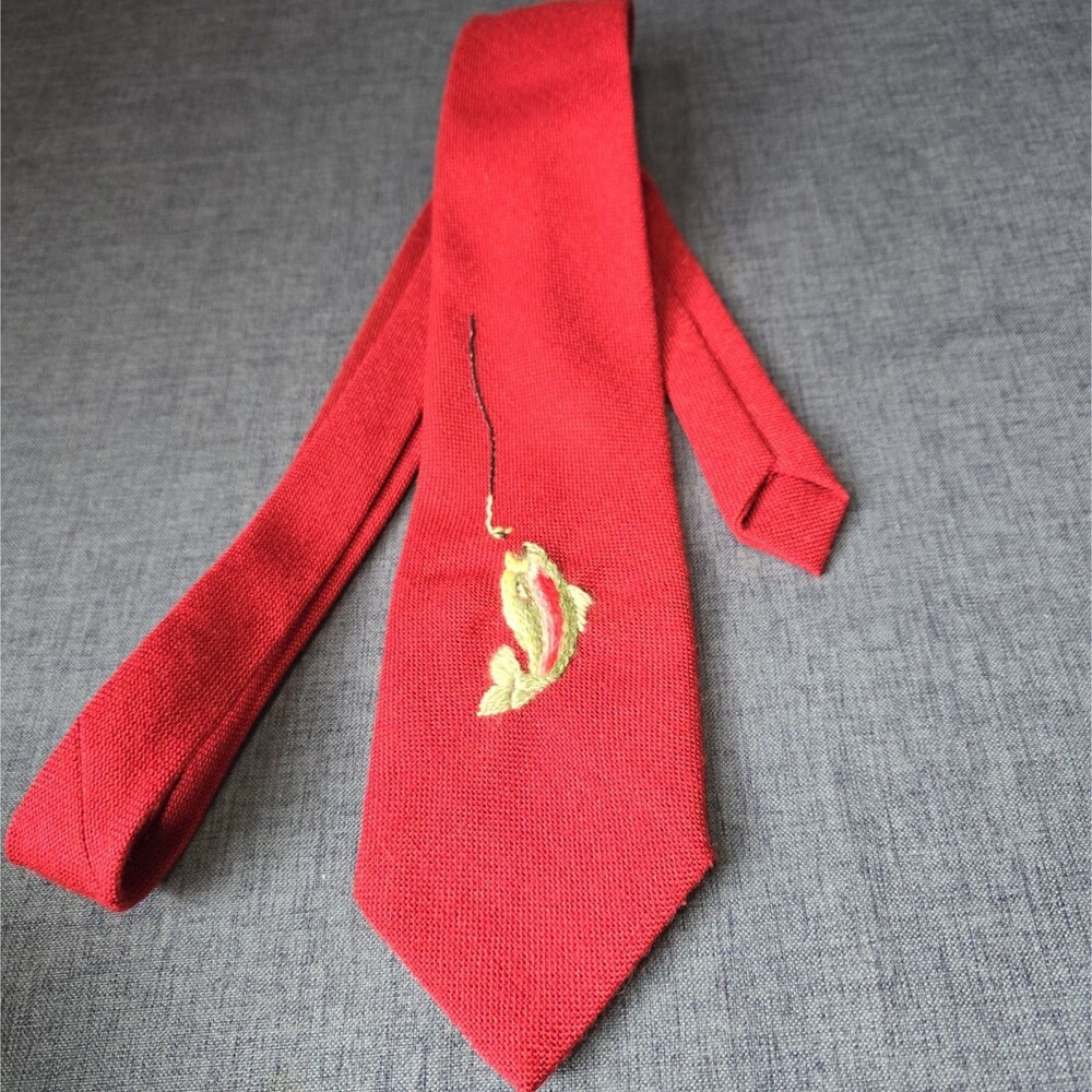 Vintage Hand Embroidered Fly Fishing Tie  Necktie Red Fisherman Bushcraft